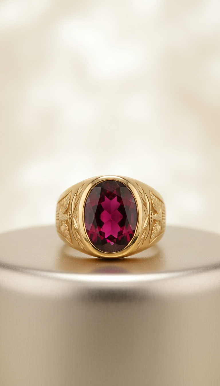 Anillo sello de oro 18K con granate carmesí